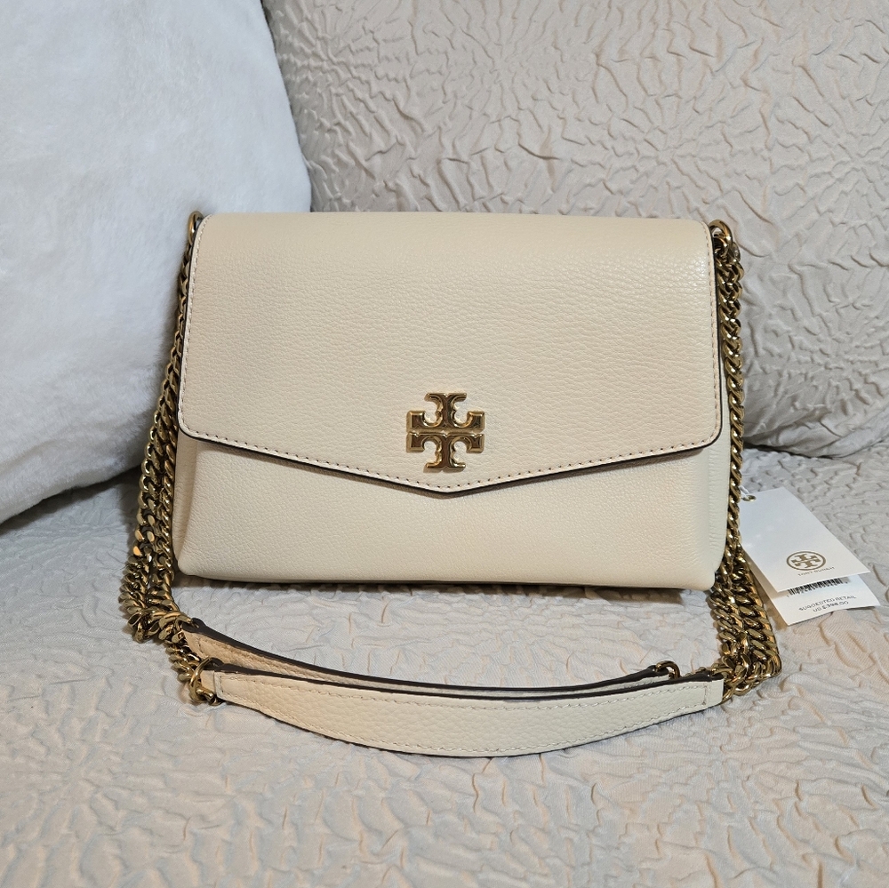 Tory Burch Cream Crossbody Bag with Flap Closure